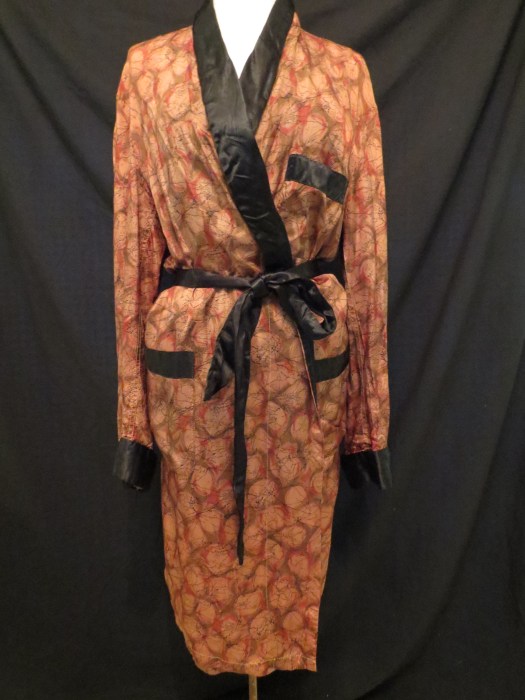 A FAVORITE MEN'S RAYON BATHROBE WITH AN ATOMIC PRINT FROM THE 1940'S - 1950'S