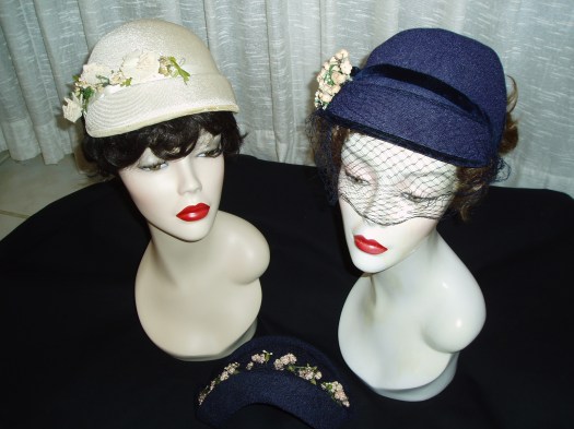 CONTINUING WITH THE HAPPY BLUES FOR THE NEXT 10 DAYS OR SO - PRETTY TRUE VINTAGE NAVY AND WHITE SPRING STRAW HATS WITH FLOWERS