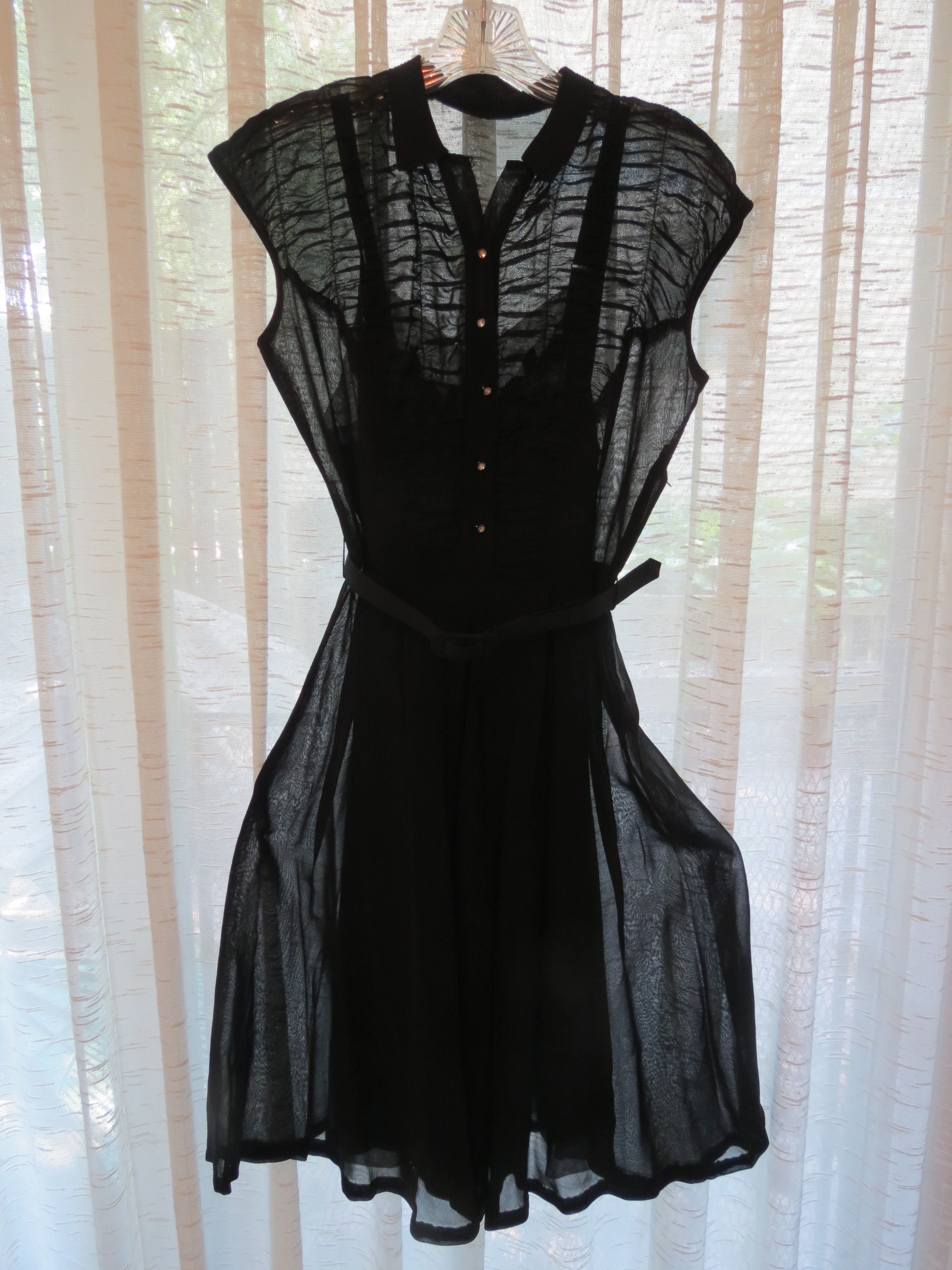 A SHEER, BLACK TRUE VINTAGE (AS ALWAYS) 1950'S FROCK WITH RHINESTONE BUTTONS